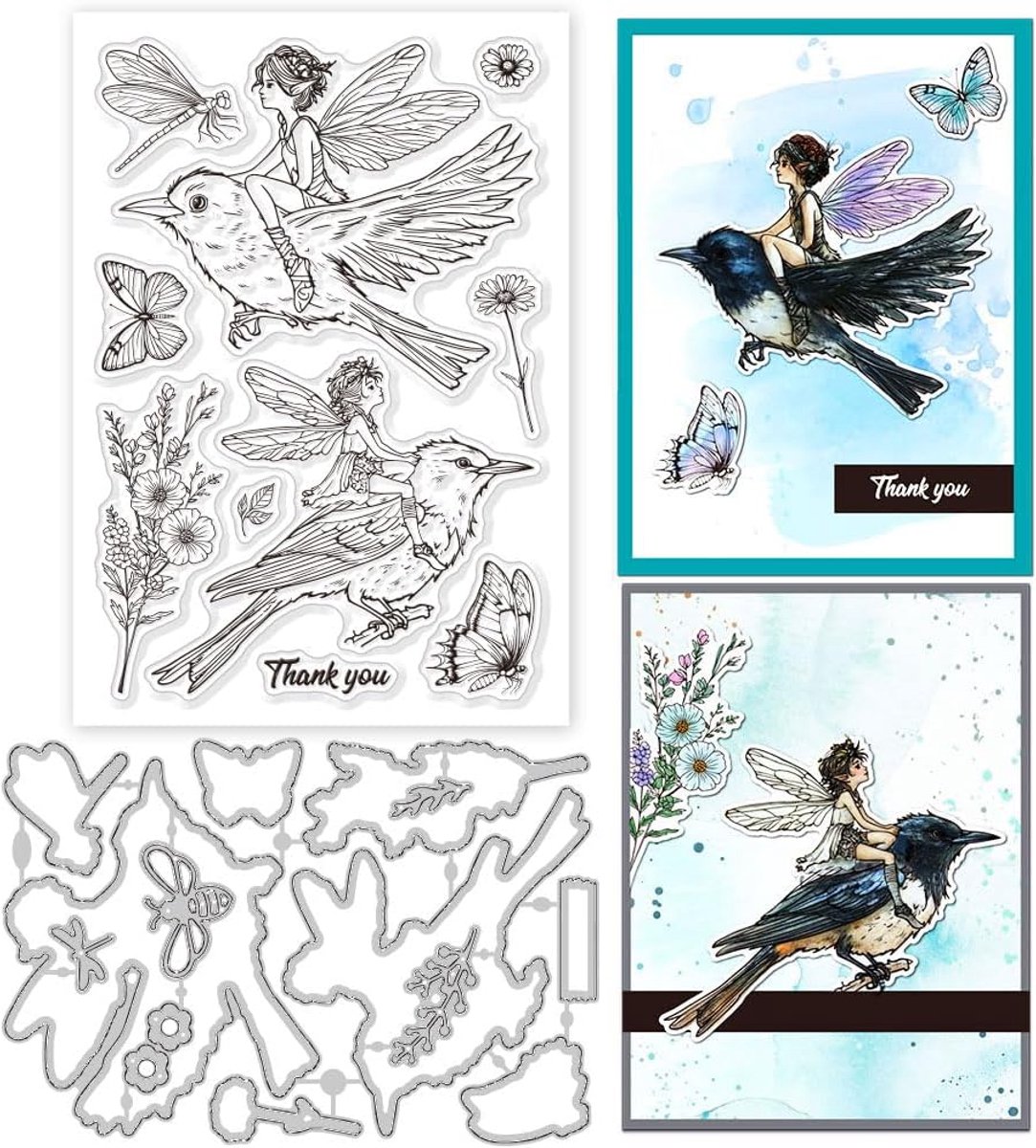 Fairy Bird Flower Clear Stempel en Snijmallen Set voor Kaarten Maken Vlinder Siliconen Clear Stempel Metalen Libel Die Cuts voor DIY Scrapbooking Fotoalbum Decoratieve