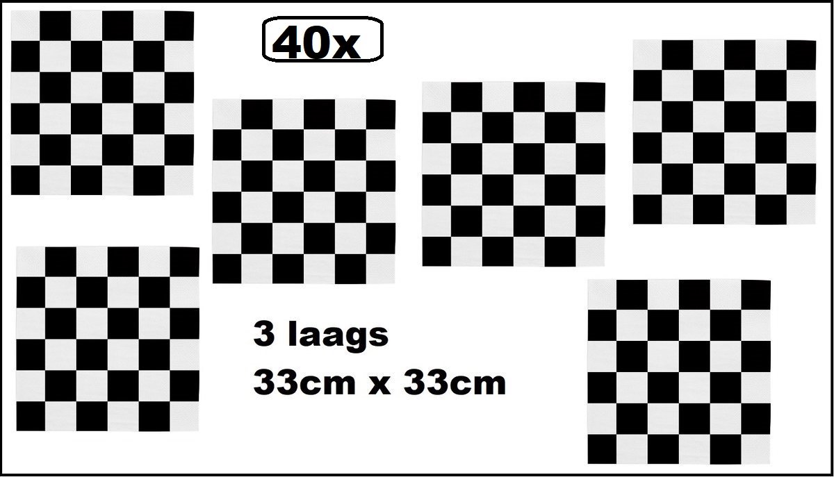 40x Servetten Race zwart/wit 33cm x 33cm - 3 laags - Zandvoort Servet diner eten knoeien restaurant Formule 1 BBQ thema feest verjaardag feest