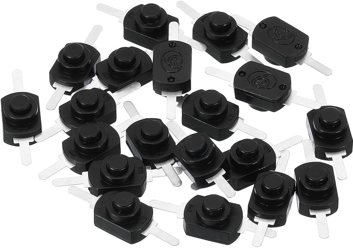 Knopschakelaar, schakelaar, 20 stuks, rechte voeten, aan/uit, zelfvergrendeling, DC 30 V, 1 A, microcontrole, schakelaar voor zaklamp, licht, lamp, muur, stopcontact, doe-het-zelf, zwart