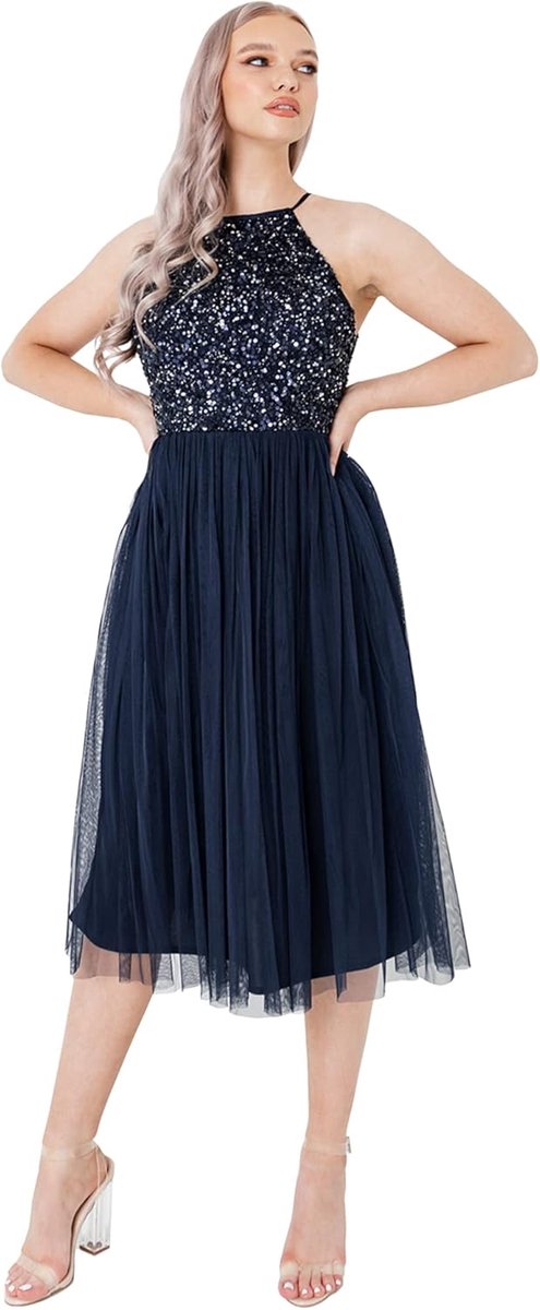 Deluxe Maya Deluxe Dames midi-jurk met halterhals tule voor avond afstuderen gala, bruiloft bruidsmeisjes baljurk dames Bruidsmeisjesjurk