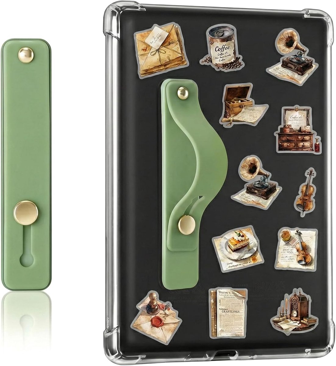 2 stuks greephouders voor tablet 4,3 - 14 inch, Kindle Paperwhite 2025 en smartphone, universele band voor tablet met 50 vintage stickers inbegrepen