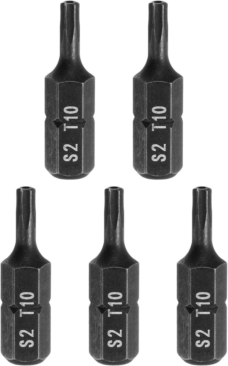 5 stuks T10 Torx schroevendraaierbits 1/4 inch zeskantschacht 25 mm lengte S2 staal ster 6-punts kop zeskant met gat voor slag-elektrische schroevendraaier, elektrisch gereedschap, zwart