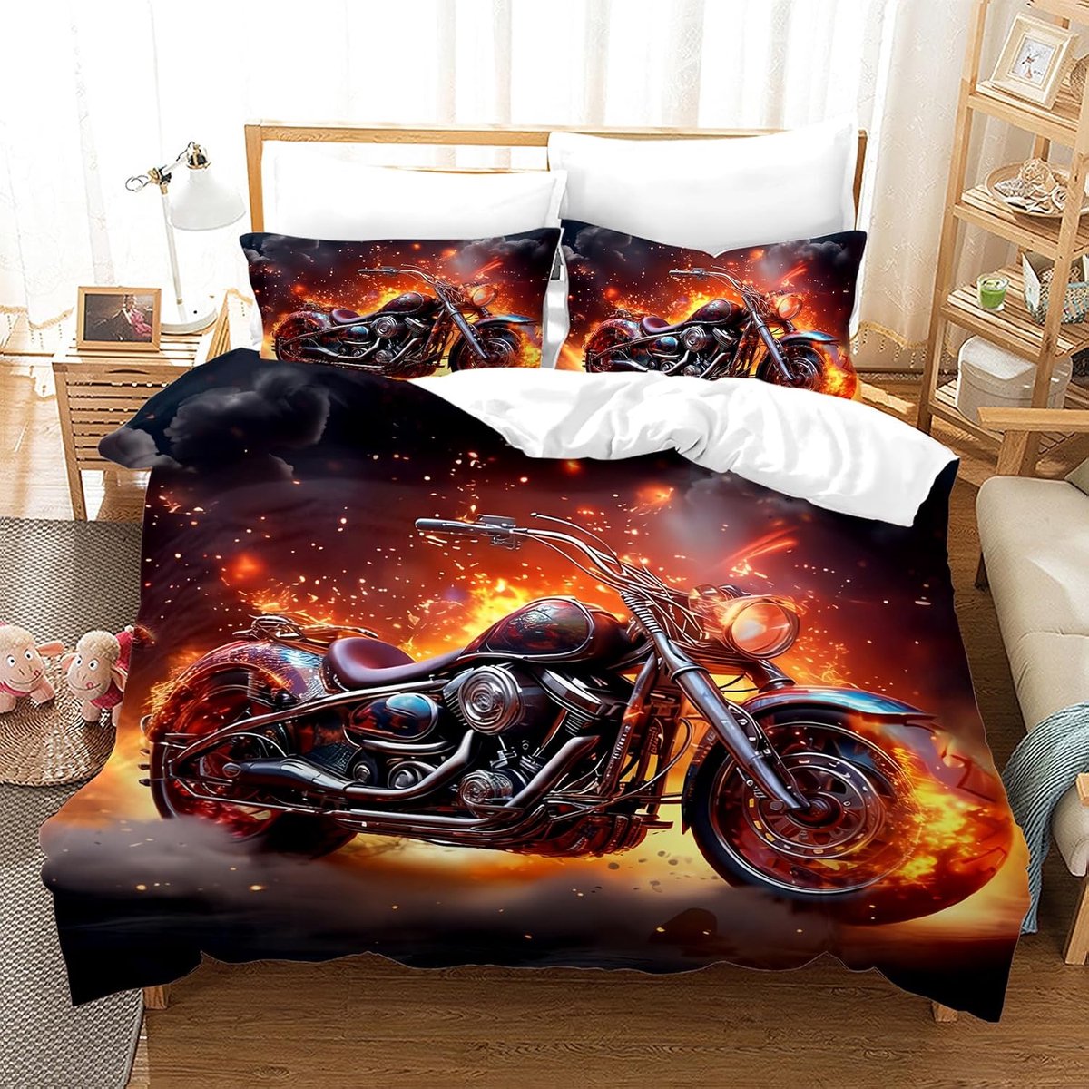 Dekbedovertrek motorfiets, 135 x 200 cm, 3D, beddengoedset met 2 kussenslopen 50 x 75 cm, voor volwassenen en kinderen (Motocross-E, 220 x 240 cm)