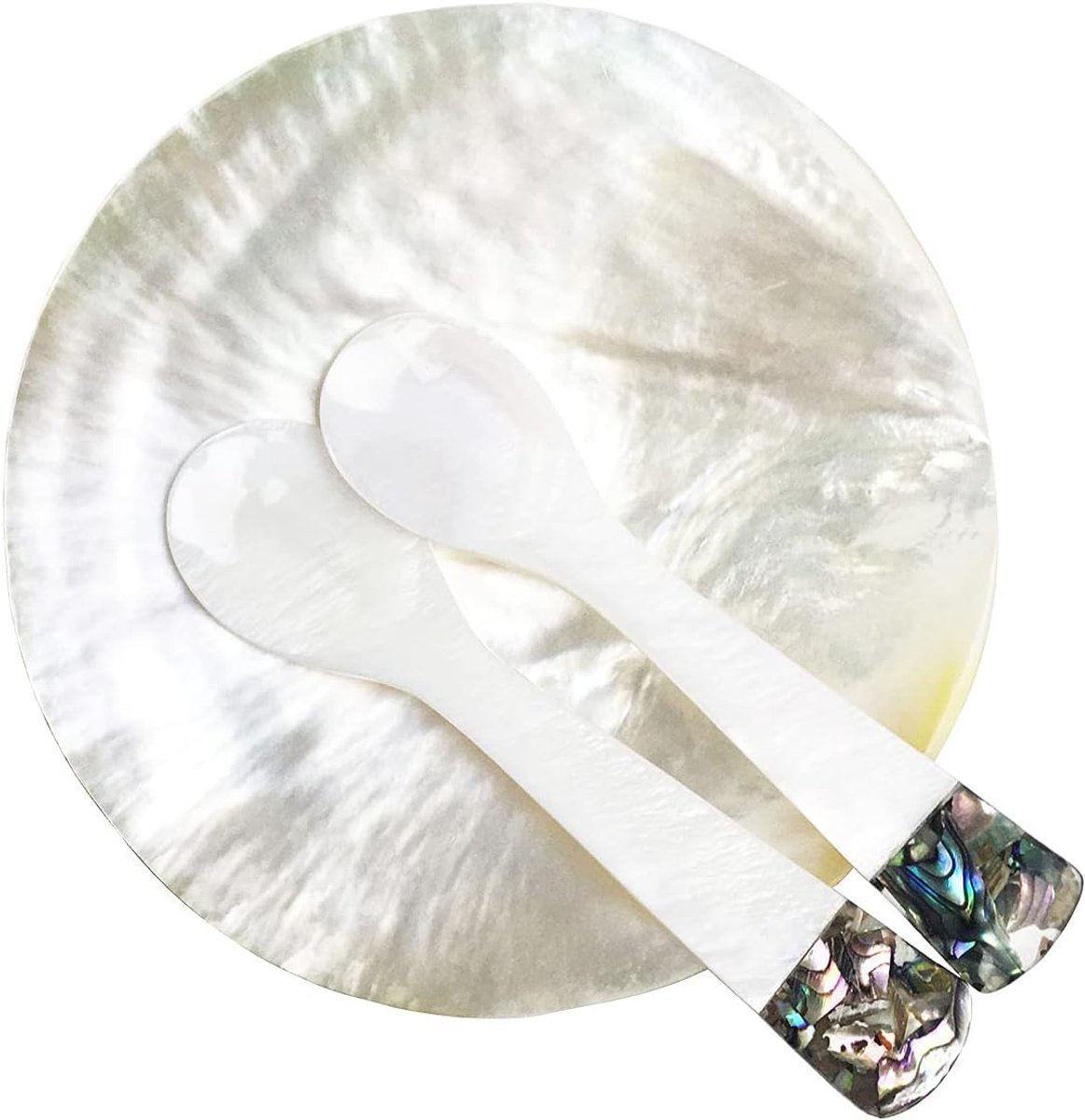 Caviar Server Set, Plate Plus Set van 2 parelmoer kaviaar lepels met groene Abalone 3.5" decoratie voor kaviaar, voorgerecht, dessert, ei, ijs