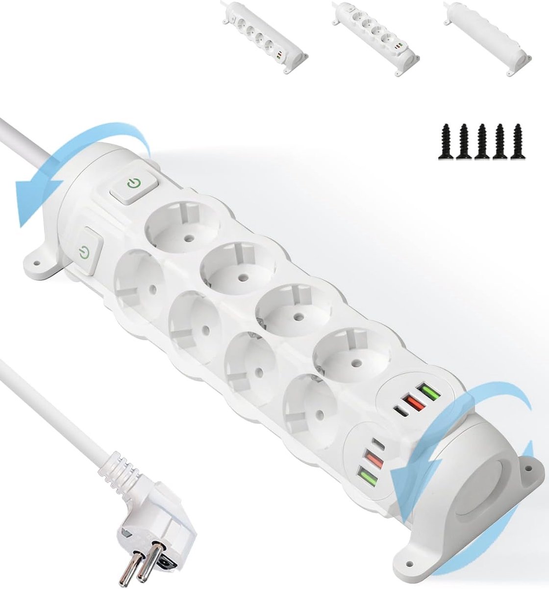 4-voudig met USB C, 90° draaibaar voor flexibele wandmontage, meervoudig stopcontact met schakelaar, 3 USB-poorten (1 x Type-C), 2500 W stekkerdoos voor hoeken, kantoor en keuken, 1,8 m