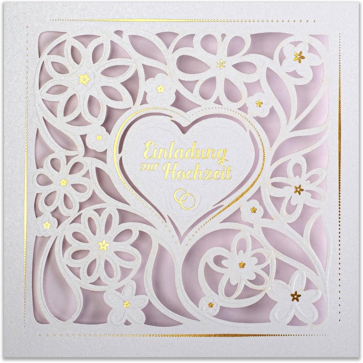 Uitnodigingen - 20 st. 135 x 135 mm, MET BEDRUKKBARE INLAGEN EN OM-SLAGEN VOOR HUWELIJK - Laser SNETTEN, VEREDELD MET GOLDFOLIE GEPERST MODEL OP METAAL LIK PAPIER
