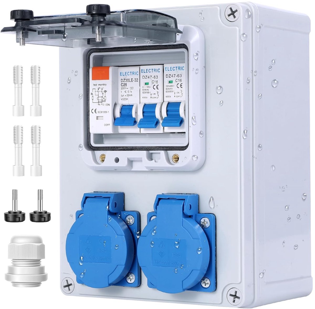 Wandverdeler, voorbekabelde stroomverdeler, bouwstroomverdeler met FI-schakelaar, 25 A+LS veiligheidsschakelaar, 16 A, 2 x 230 V Schuko stopcontact, IP67 waterdichte behuizing