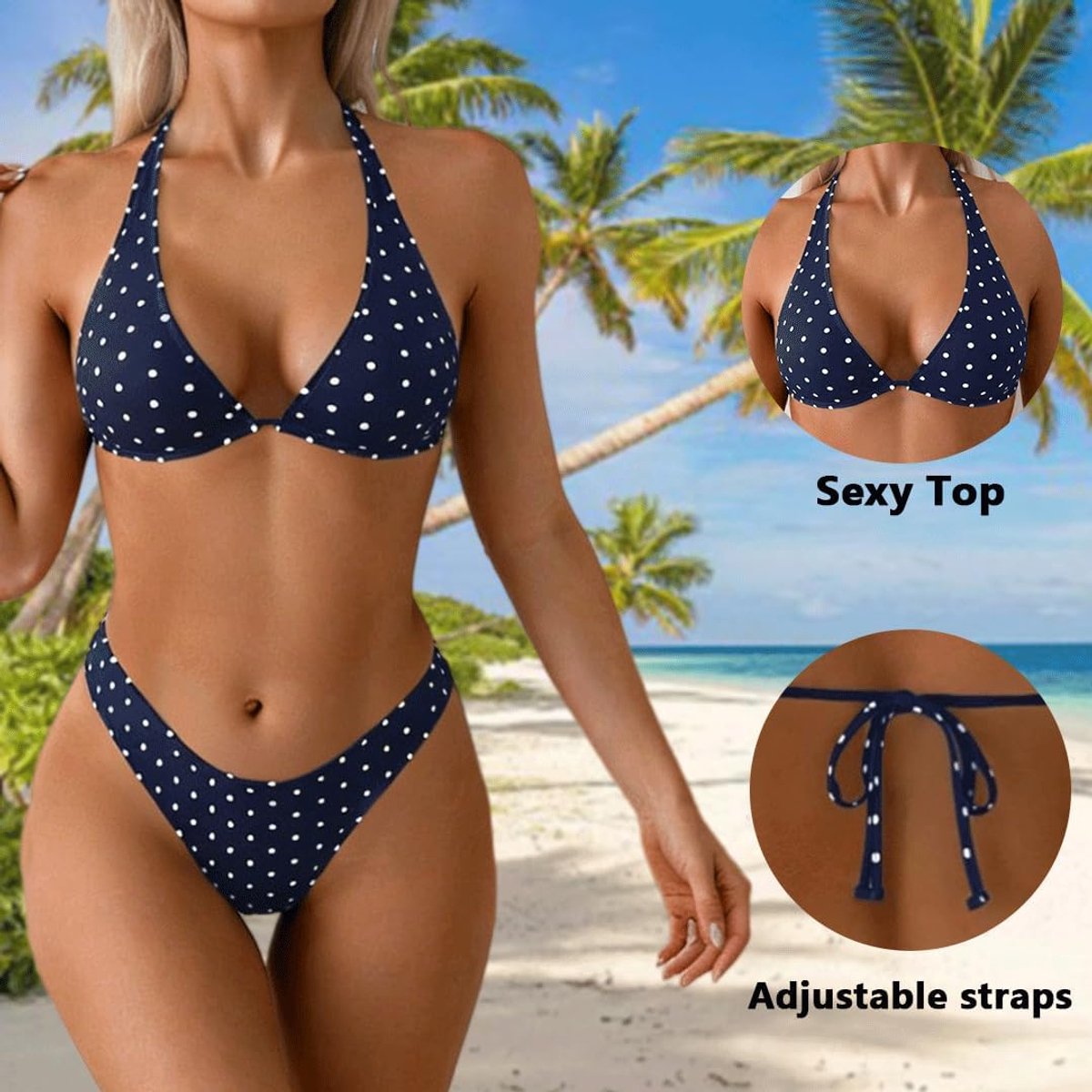 Bikinis voor dames, push-up, V-hals, tweedelige bikiniset, halterbikini, triangel-bikini, bovendeel en bikinibroek met verstelbaar trekkoord, hoge taille, eenkleurig