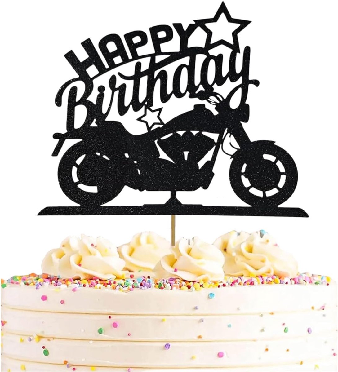 Verjaardag Taarten Topper Zwart Glitter Motorontwerp Papier Feestdecoratie Voor Verjaardagstaarten