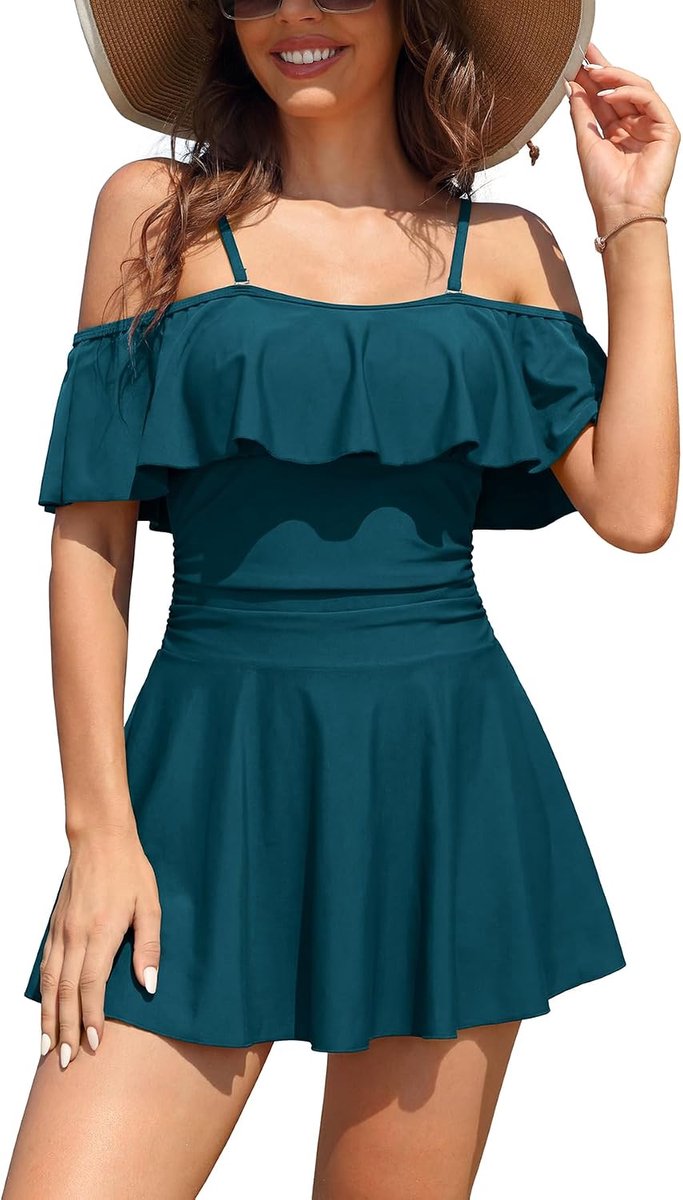 Badpakken Zwemrok One-shoulder Elegante Volants Abdomina Controle Retro Ruched Zwemrok Uit Eén Stuk Zandstrand