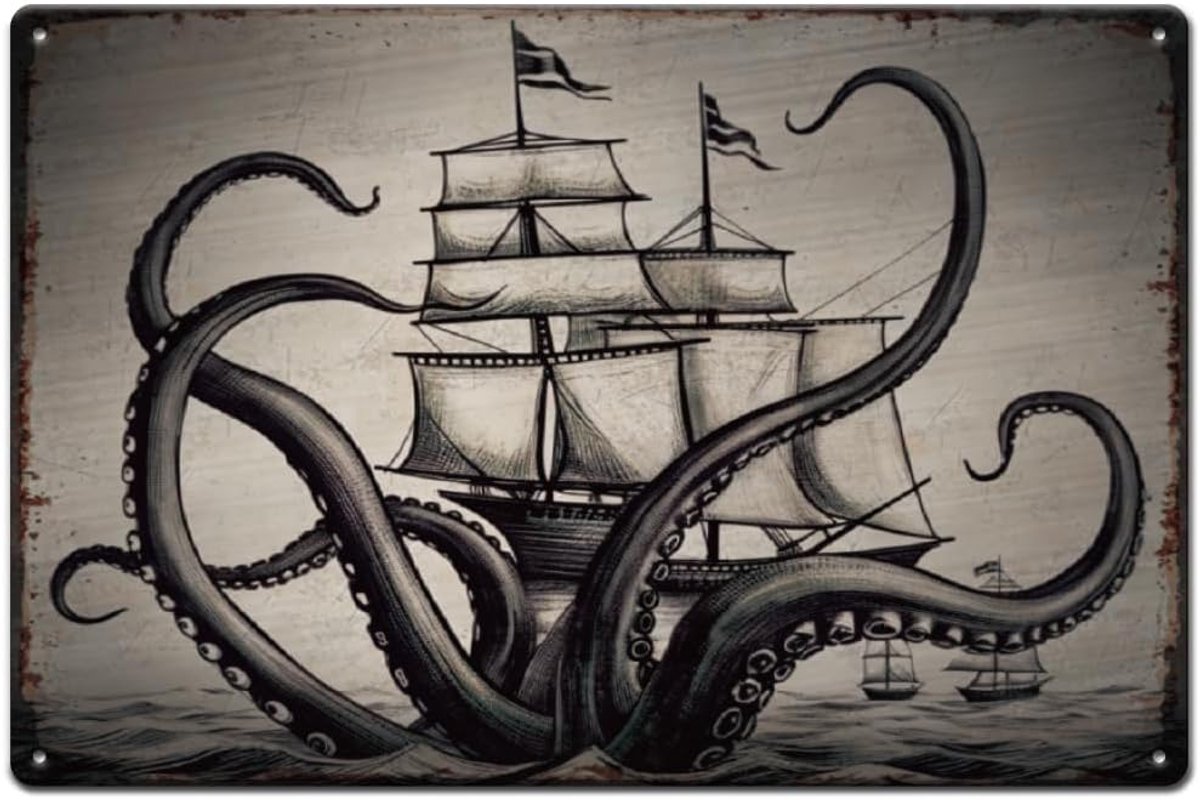 Metalen Octopus Zeilboot Emaille Bord Vintage Kunst Retro Plaquette voor Bars Pub Speelkamer Mannenkamer Muurdecor