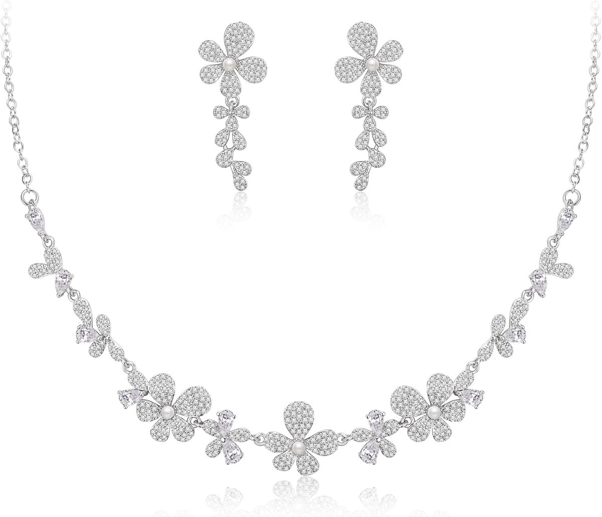 Bruid parelsieraden set voor dames, bloemenbloem kubische zirkonia cluster statement halsketting oorbellen set voor prom