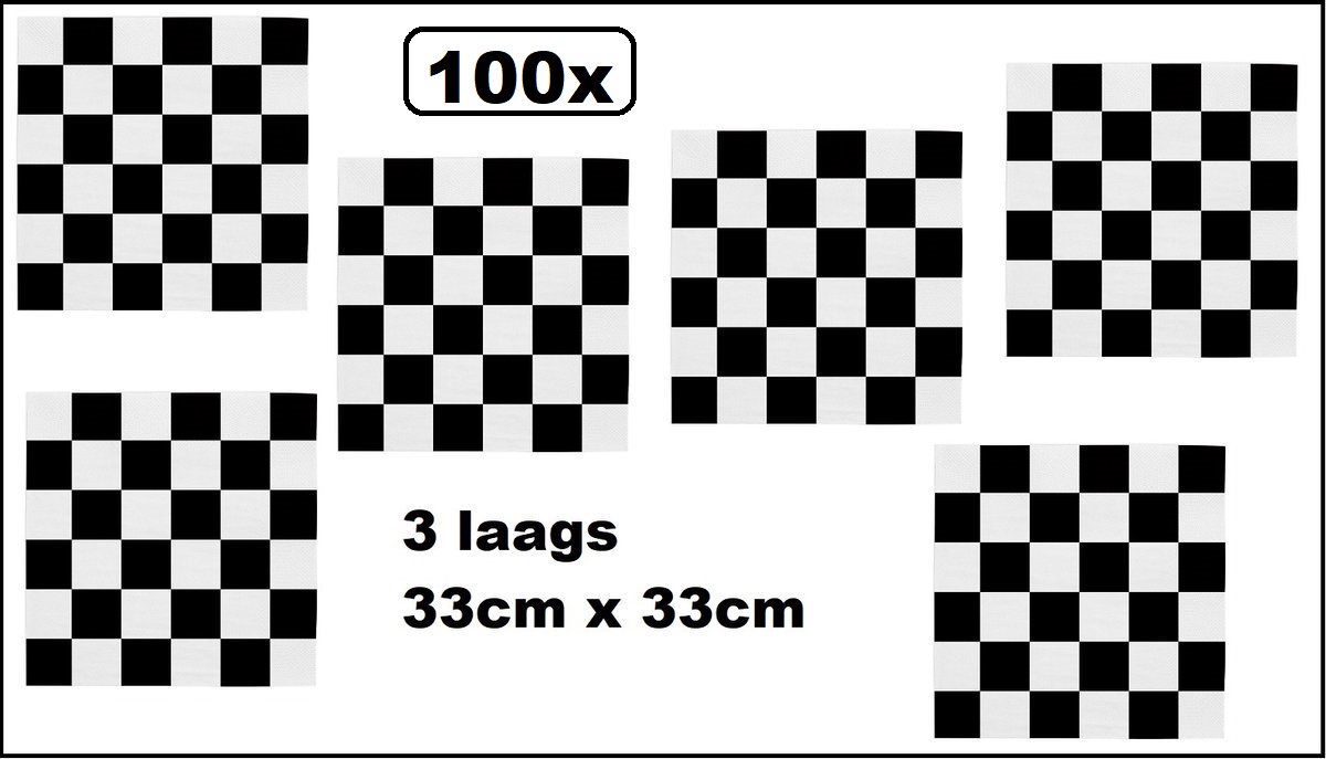 100x Servetten Race zwart/wit 33cm x 33cm - 3 laags - Zandvoort Servet diner eten knoeien restaurant Formule 1 BBQ thema feest verjaardag feest