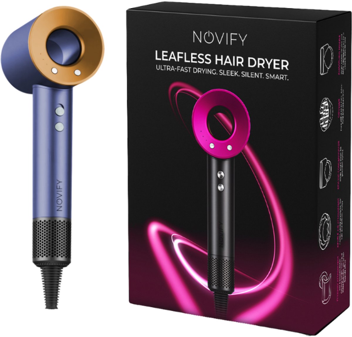 NOVIFY® Fohn - Fohnborstel - Haardroger met 5 opzetstukken - Fohn met Diffuser - 1500W - Midnight Gold - 2025