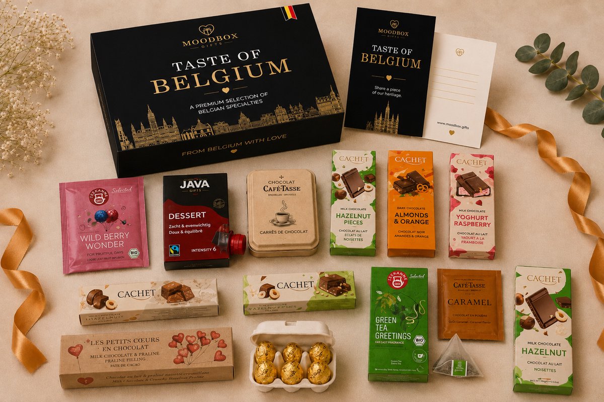 Luxe cadeaubox met Belgische lekkernijen – Chocolade, koffie & thee – Gepersonaliseerde wenskaart – Moodbox Gifts – Taste of Belgium Box Prestige