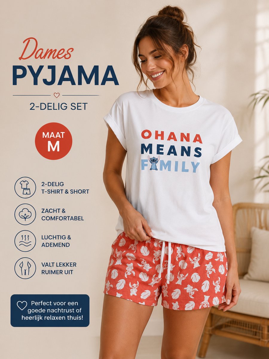 100% Katoen Dames Pyjama M – 2-Delig – Ohana Means Family – T-Shirt & Short – Ruime Pasvorm