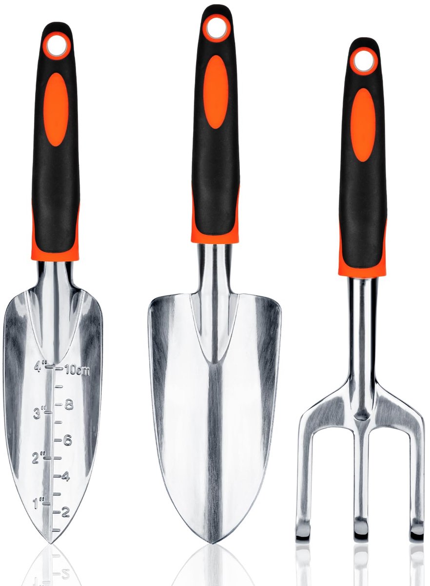3-delige Tuingereedschap Set - Stevige Aluminium Tuinset met Ergonomische Handgrepen - Inclusief Plantschep, Verplantschep & Handhark - Handgereedschap voor Bloembedden, Gazon & Plantenverzorging - Oranje