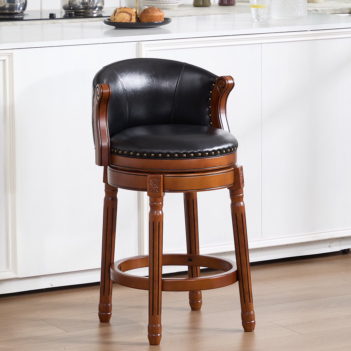 Clruro Barkruk - Zithoogte 66 cm - 360° Draaibaar met Rugleuning - Rundleer en Hout - Ivoor
