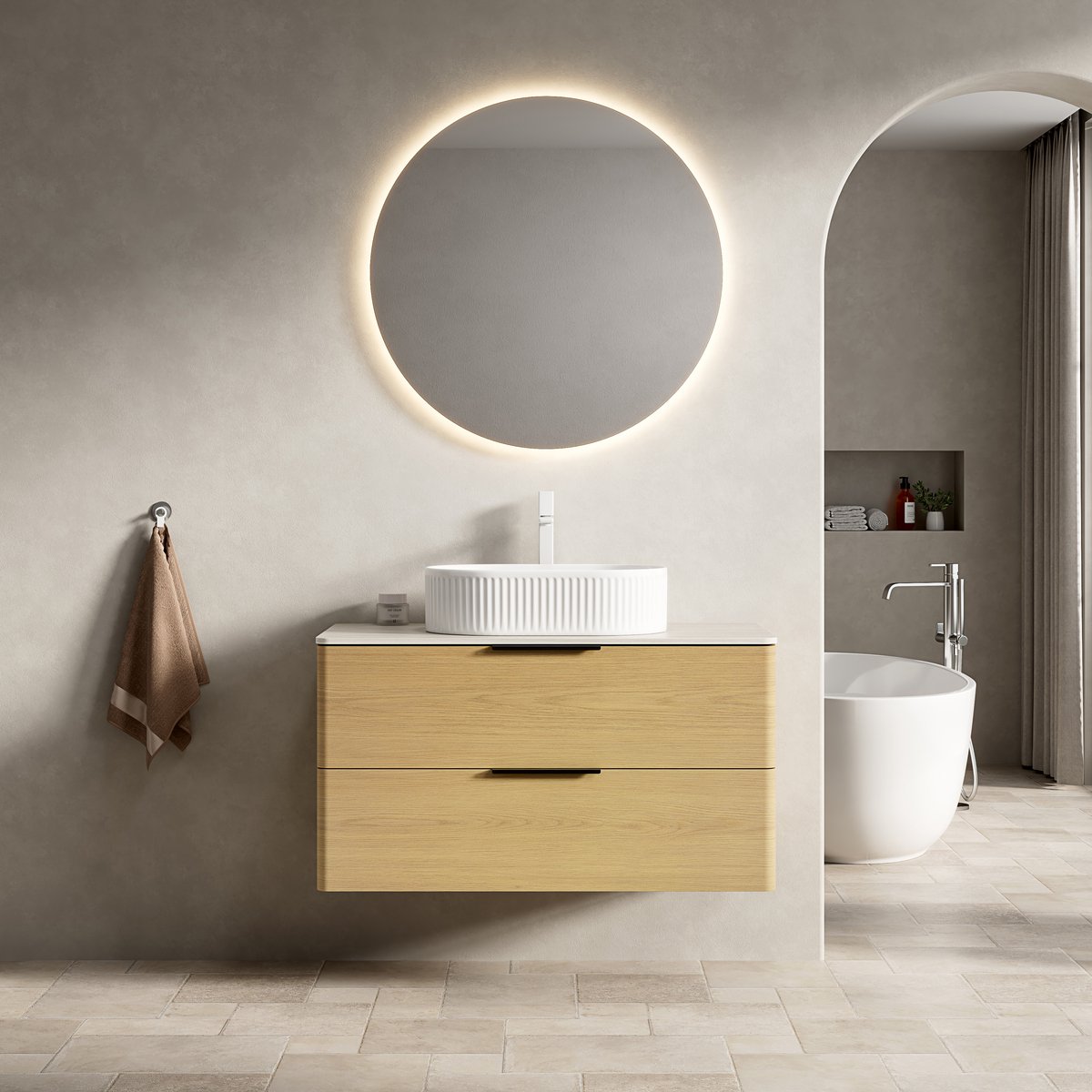Hangend badkamermeubel met wastafel - Zwevend design voor kleine badkamer - 90 cm - Corolla eiken & wit - Travertin sinterstenen blad & ovaal keramisch bekken - 2 soft-close lades - Gebogen kanten