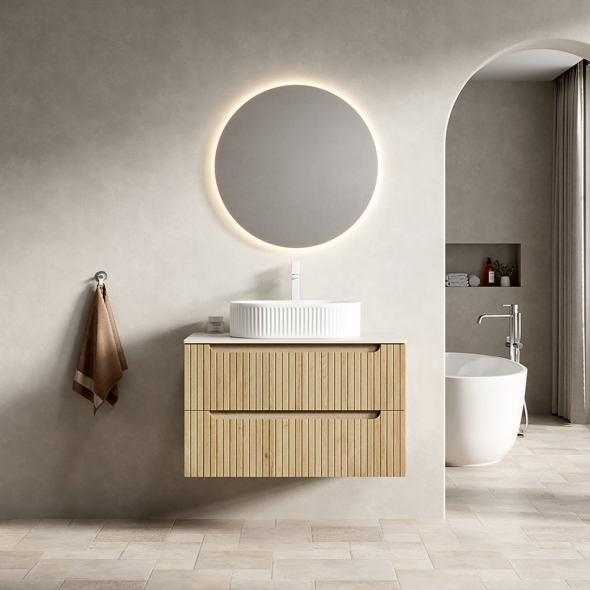 Hangend badkamermeubel met wastafel - Ruimtebesparend voor kleine badkamer - 80 cm - Wit eiken & travertin - Ovaal keramisch bekken & sinterstenen blad - 2 soft-close lades met groefstructuur - Voorgemonteerd