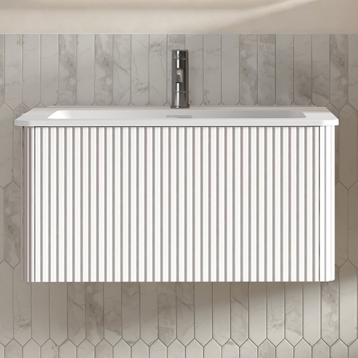 Wandhängend badkamermeubel met wastafel - Compacte opberger voor kleine badkamer - 80 cm - Wit - Mineraalgiethars bekken & groevenpatroon - Push-to-open lades - U-vormige uitsparing - Voorgemonteerd