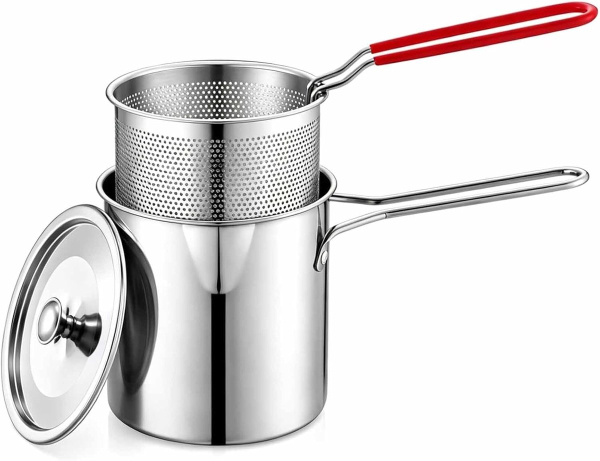 Mini Frituurpan 1,2 Liter RVS - Met Uitneembaar Frituurmandje en Keukentang - 3-delige Friteuseset voor Friet, Kip en Snacks