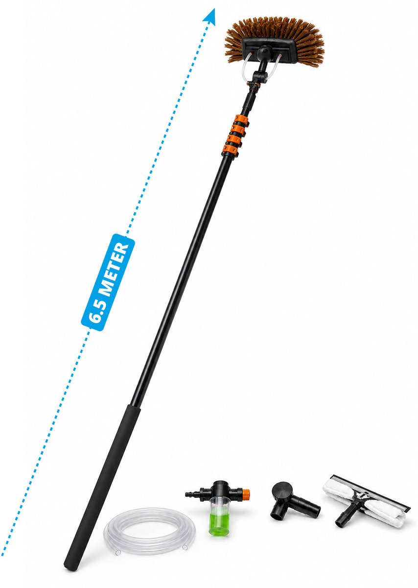 FlinQ Telescopische wasborstel – 6.5m AquaBrush Deluxe - incl. Borstelkop, Raamreiniger, en Zeepdispenser - Waterborstel - Extra Grote Premium Borstel (27cm) - Ruitenwasser - Handig voor zonnepanelen, Auto, Campers, Caravans etc
