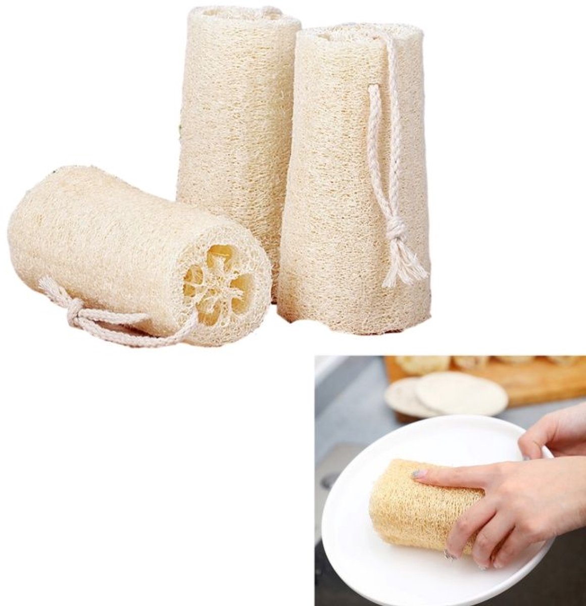 3 stuks-schoonmaakborstel-loofah-met ophangkoord-vaatdoek-Geschikt voor het afwassen van potten-pannen en kookplaten in de keuken-Wit-10*4*4 cm.