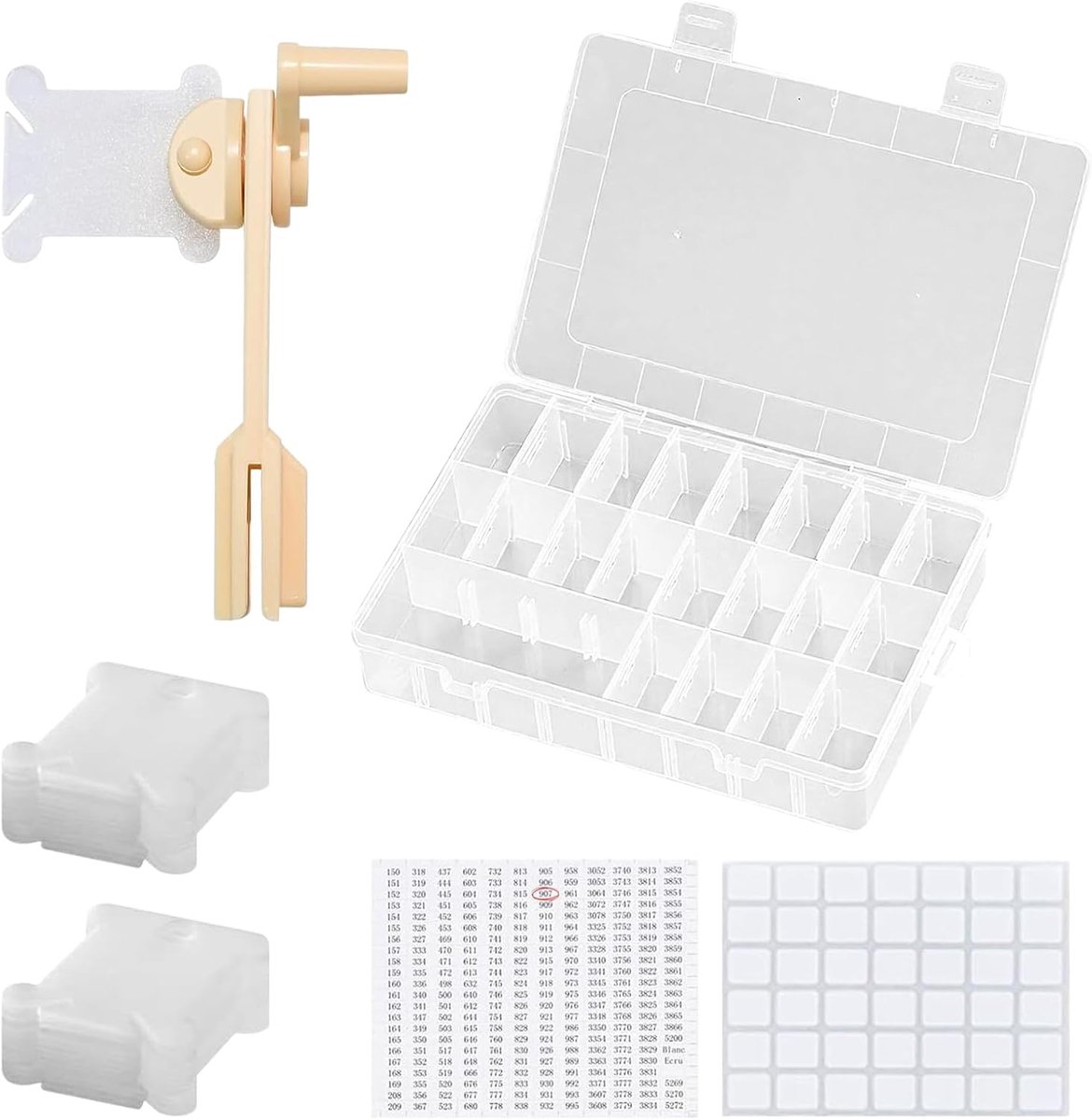 Floss Organizer, Opbergdoos voor Borduurgaren & Kruissteekdraden, 24 vakken met 100 plastic spoelen & klosjeswikkelaar voor DIY naaiprojecten