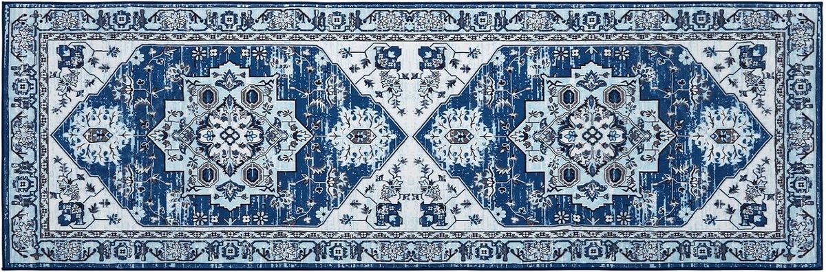 Vintage Vloerkleed - Wasbaar Antislip Bloemmotief - Navy - 60x230 cm