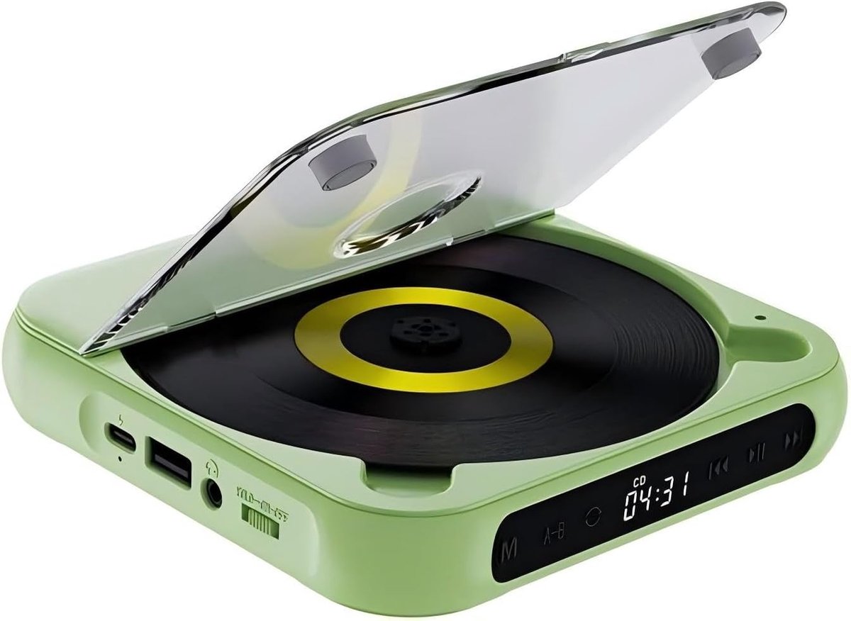 Draagbare cd-speler met Bluetooth –Draagbare Bluetooth-cd-speler met USB-C-snelladen – Ultradun en compact – Ondersteunt MP3/WMA-formaten – voor onderweg – thuis en op de camping - Groen