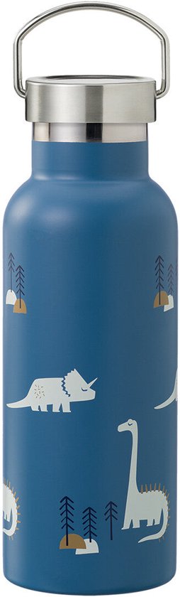 Blauwe thermosfles met dino-print en zilverkleurige metalen draagbeugel.