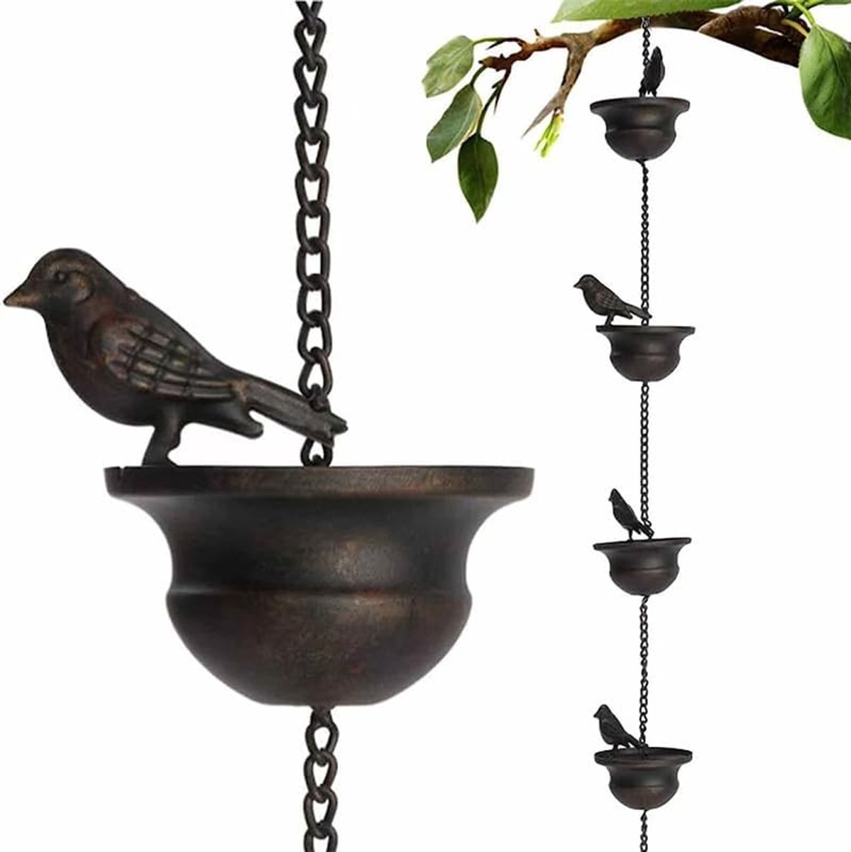 Regenafvoerketting, metaal, 60-240 cm, retro vogelregenketting voor dakgoot en tuin, weerbestendig, in zwart/koper, decoratie en regenvangketting, 60 cm
