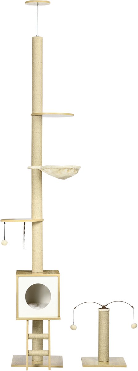 Kattenklimrek – van de vloer tot het plafond – in hoogte verstelbaar, 225-285 cm – 4 verdiepingen – grot – hangmat – ladder – speelgoed – beige
