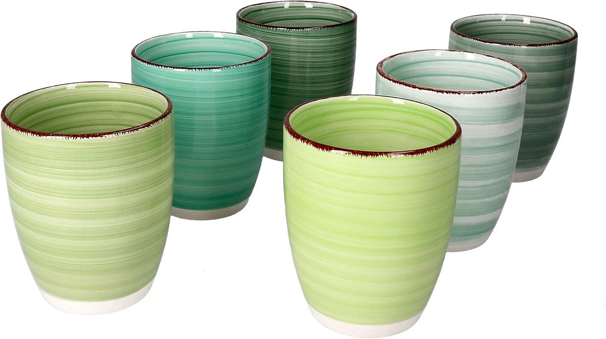 Green Koffiemokken zonder handvat, set van 6 grote aardewerken mokken met strudeldecoratie, in leuke groene tinten, moderne landhuisstijl, koffiemokken, kleurrijk, 300 ml, 6 stuks