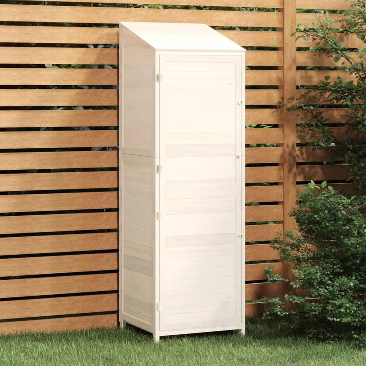 152187 Gereedschapsschuur wit 55 x 52 x 174,5 cm massief hout dennenhout, weerbestendig gereedschapsschuur tuin schuur groot volume voor grasmaaiers, meubels, campingaccessoires