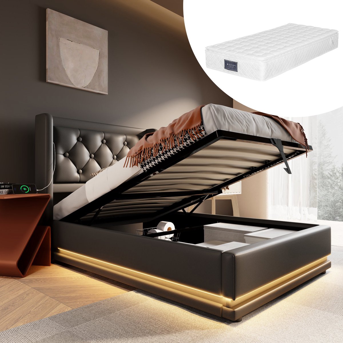 Bedframe - 90x200 Cm - Bed - Met Lattenbodem - Met Opbergruimte - LED - USB C - Zwart - Met Matras