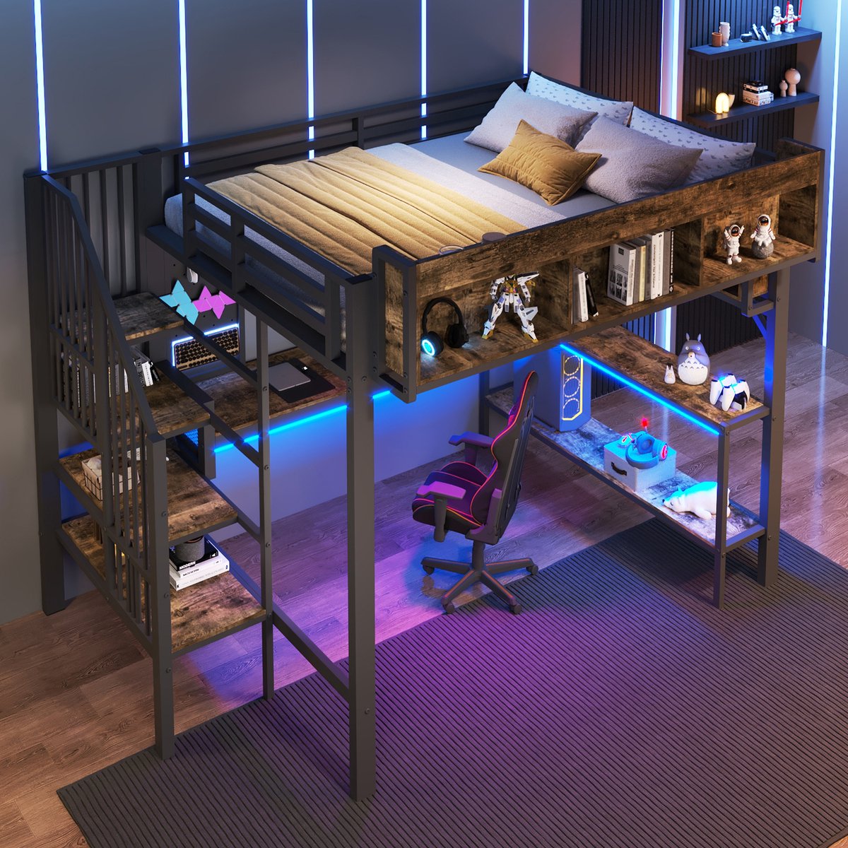Hoogslaper - 140x200 Cm - Bed - Met Opbergruimte - LED - USB C - Zwart - Zonder Matras