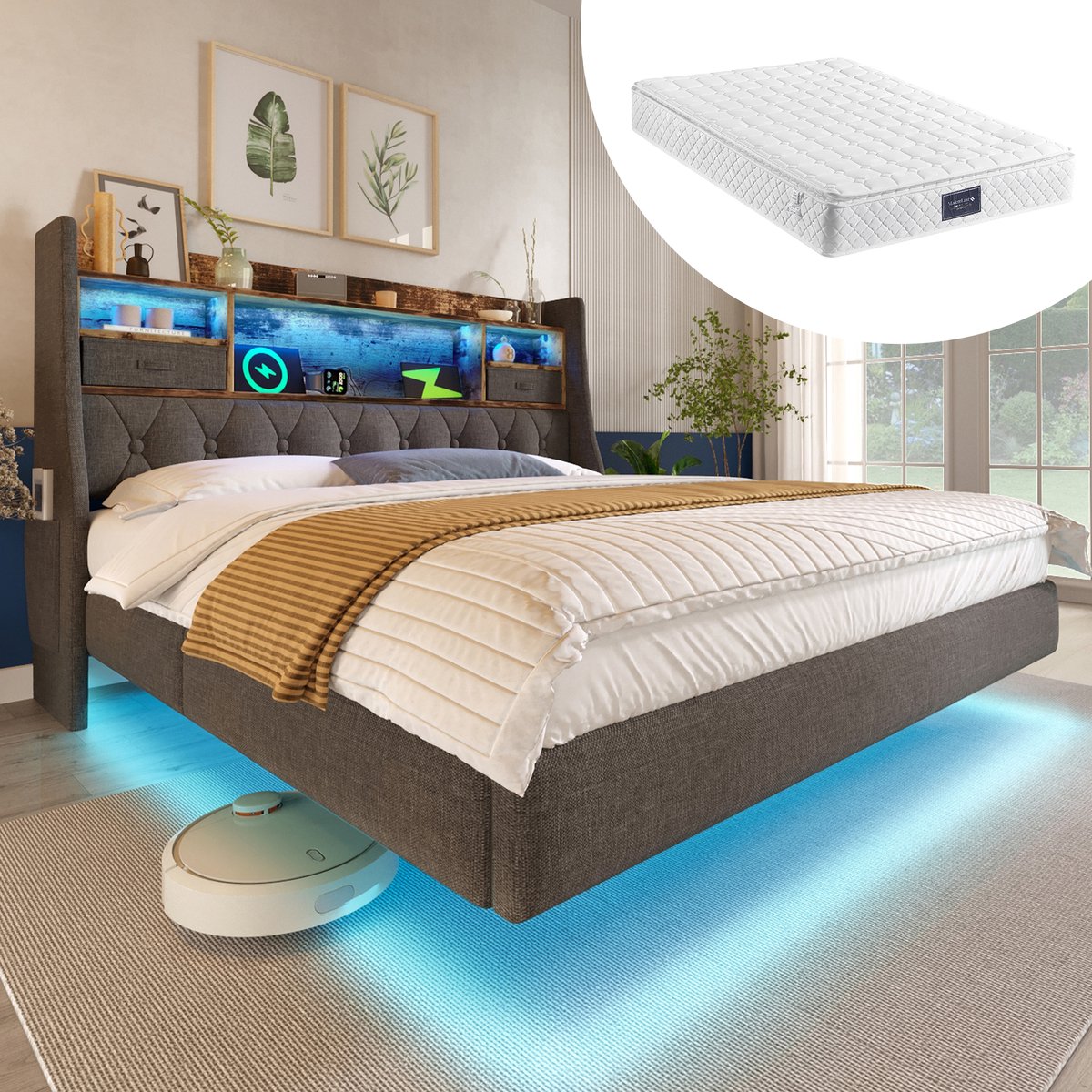 Bedframe - 140x200 Cm - Bed - Met Lattenbodem - Met Opbergruimte - LED - USB C - Grijs - Met Matras