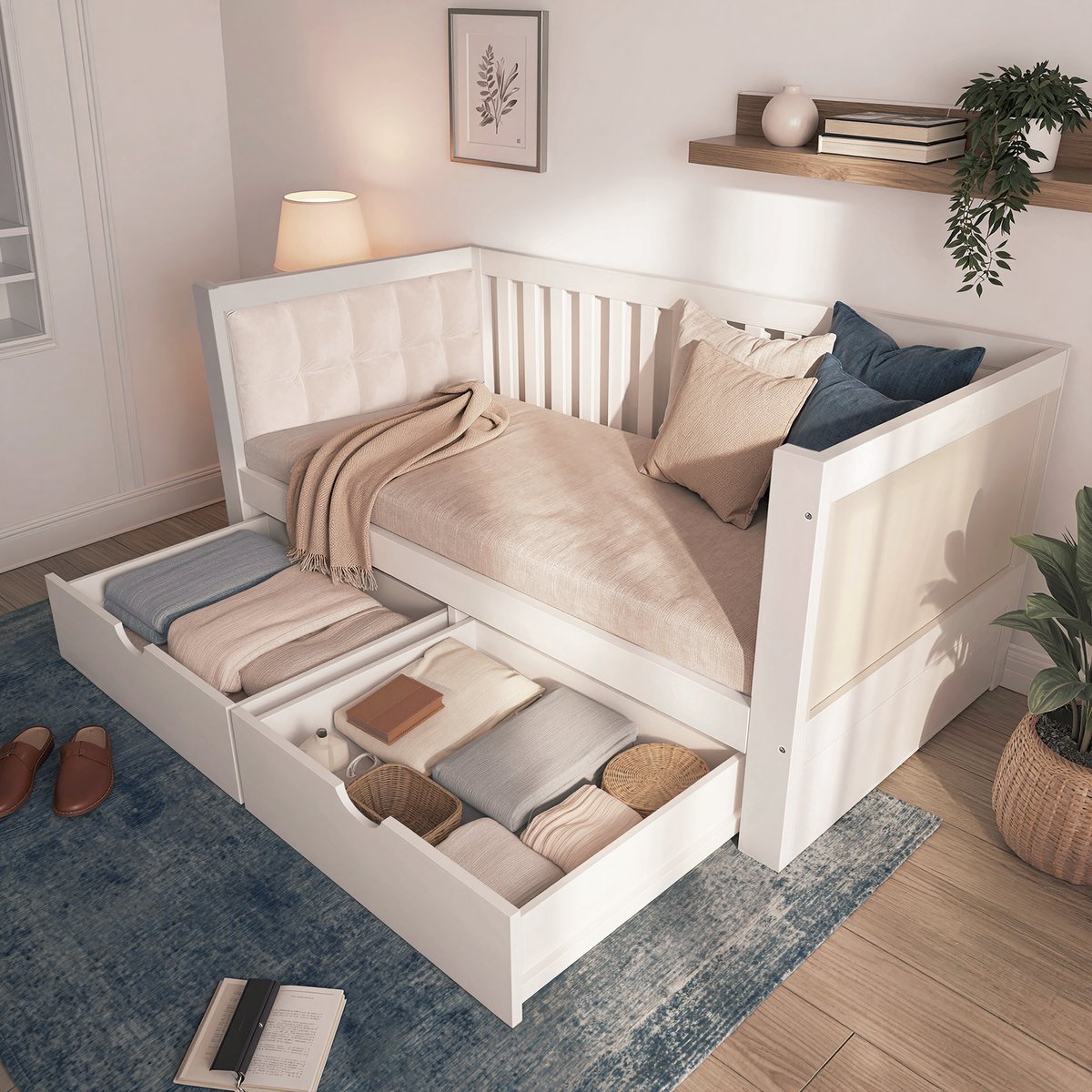 Bedbank - 90x190 Cm - Bed - Met Lattenbodem - Met Opbergruimte - Wit - Zonder Matras