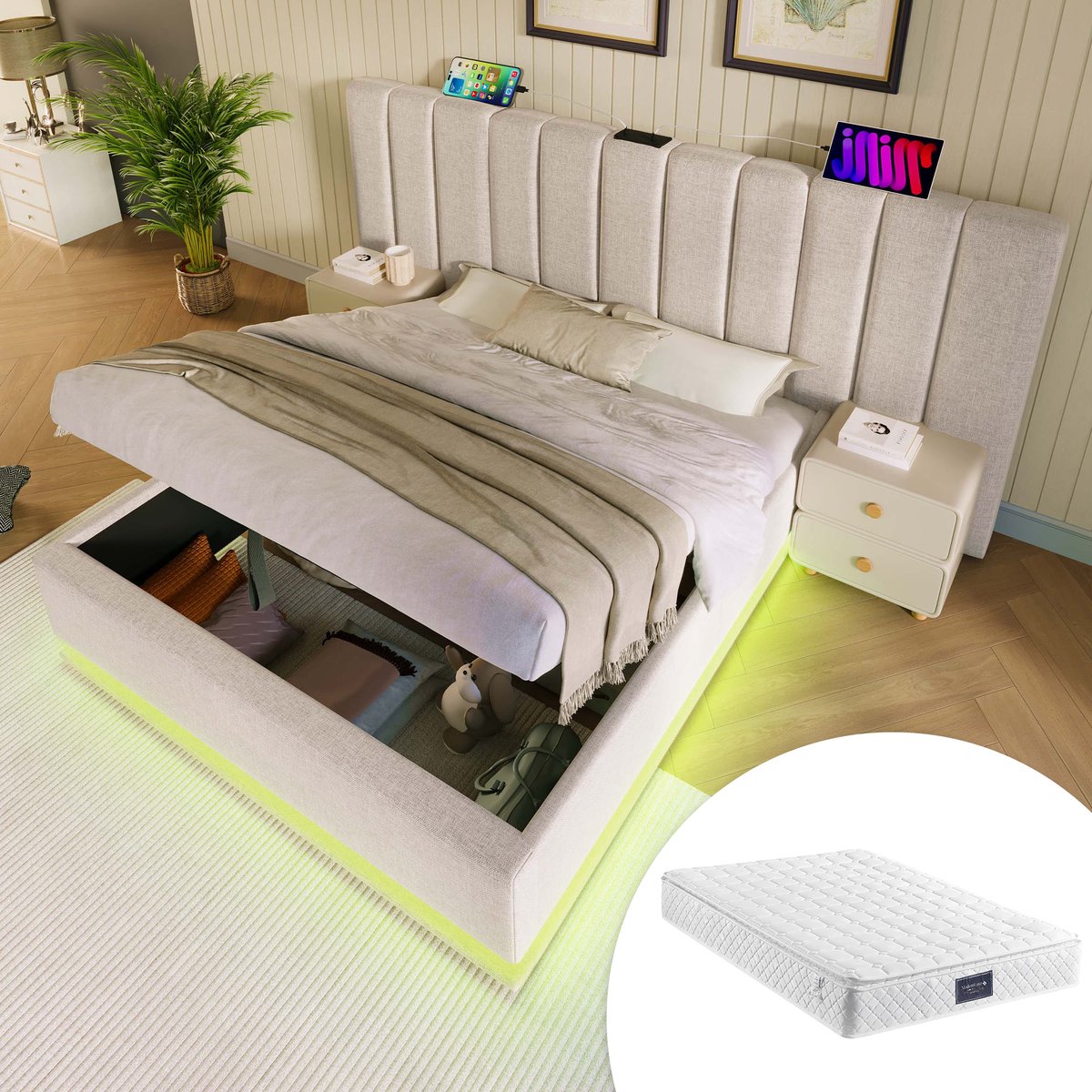 Bedframe - 160x200 Cm - Bed - Met Lattenbodem - Met Opbergruimte - LED - USB C - Beige - Met Matras