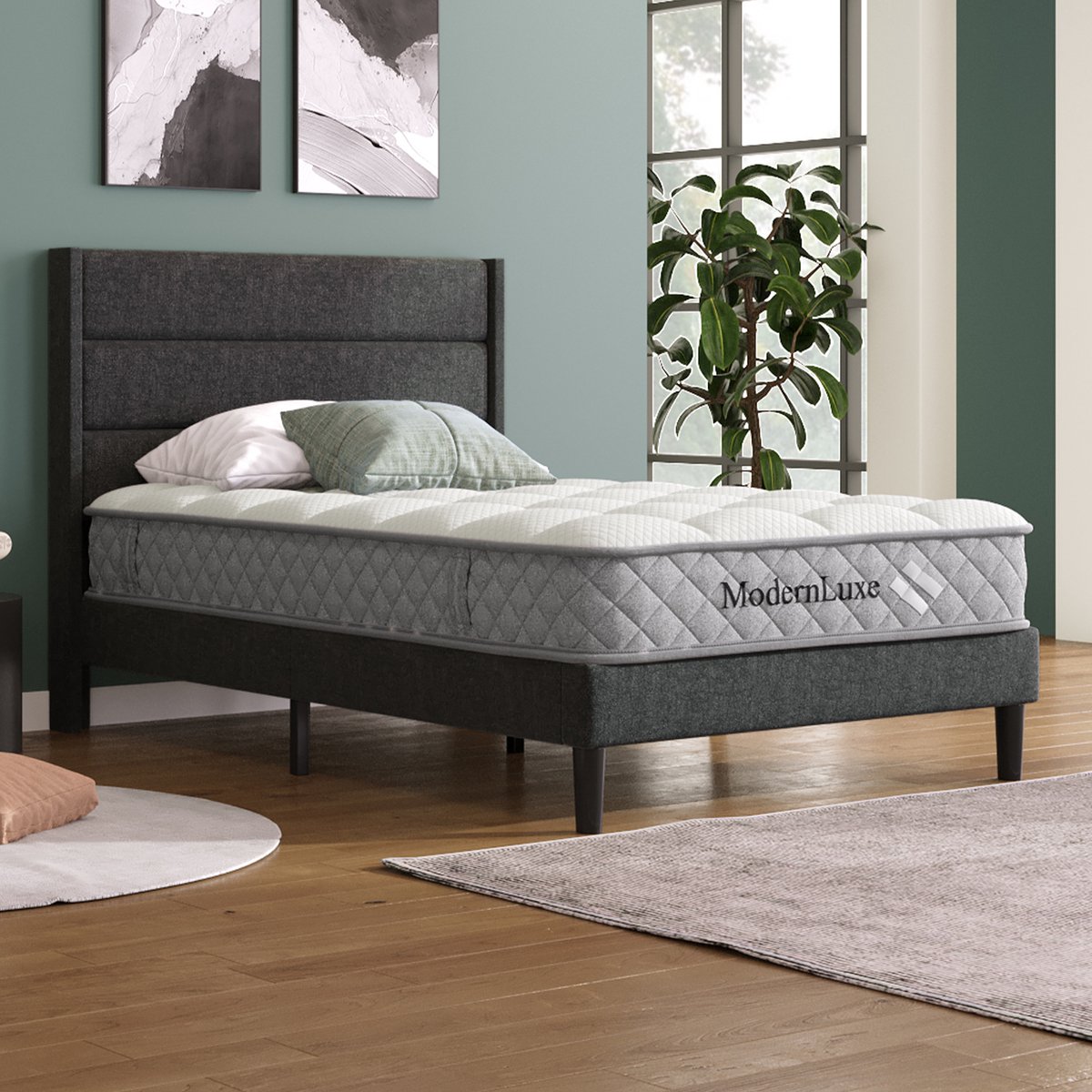 Bedframe - 90x200 Cm - Bed - Met Lattenbodem - Met Opbergruimte - Donkergrijs - Met Matras