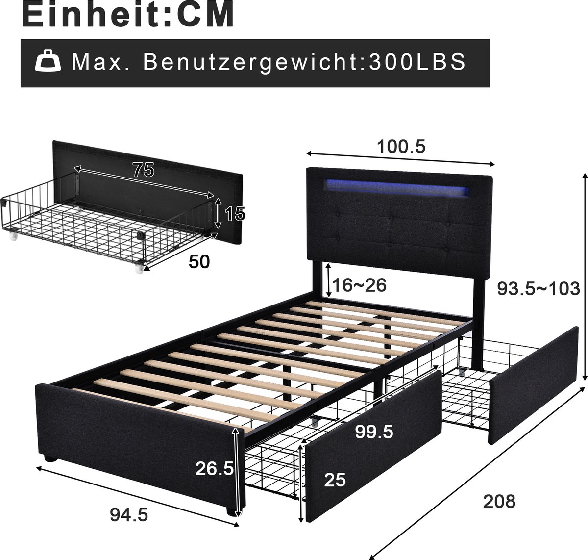 Bedframe - 90x200 Cm - Bed - Met Lattenbodem - Met Opbergruimte - LED - Zwart - Zonder Matras
