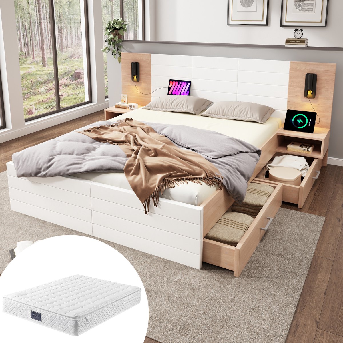 Bedframe - 160x200 Cm - Bed - Met Lattenbodem - Met Opbergruimte - LED - USB C - Wit - Met Matras