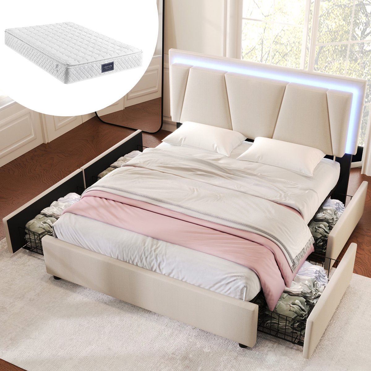 Bedframe - 160x200 Cm - Bed - Met Lattenbodem - Met Opbergruimte - LED - Beige - Met Matras
