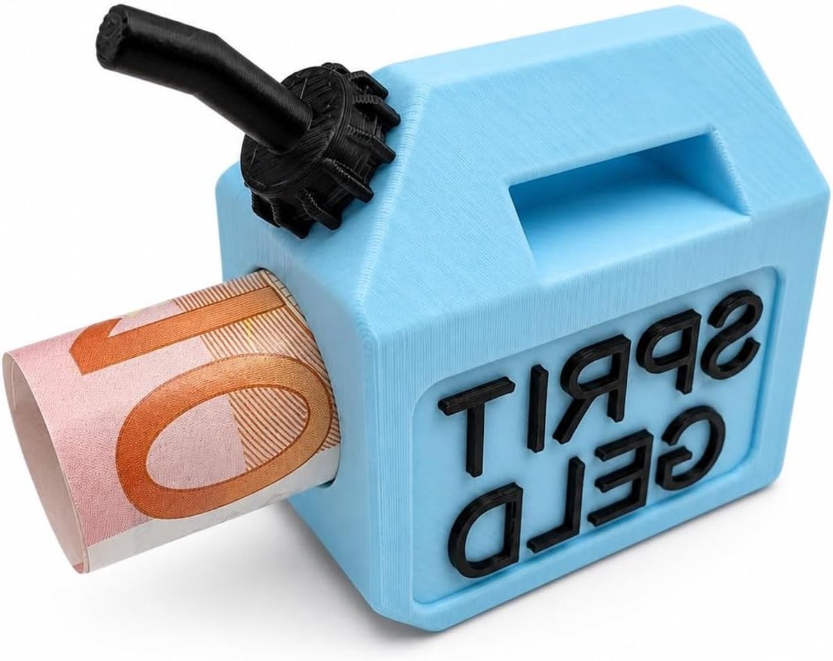 Blauwe jerrycan geldgeschenkverpakking voor tankbonnen, rijbewijs en verjaardagen, ideaal voor vrienden