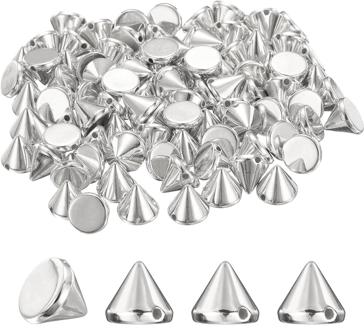200-Pack Spike Cone Studs 10x8 mm Plastic Platte Rug Naai op Punk Stijl voor Kleding, Schoenen en Tassen - DIY Lederen Ambacht en Stof Kleding in Zilver