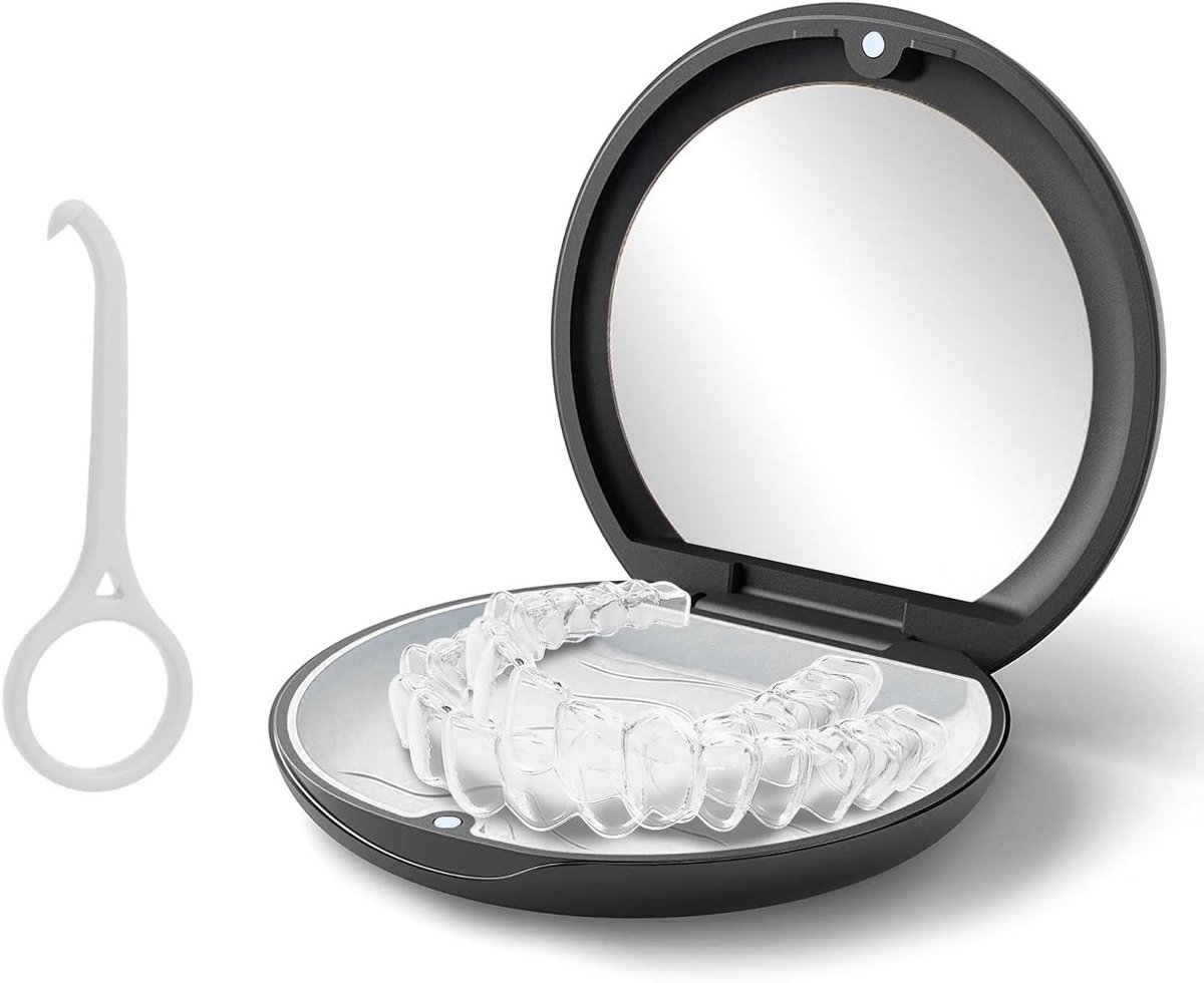 Draagbare retainerdoos met spiegel voor orthodontische beugels en mondbeschermers, inclusief verwijdertool (Zwart)