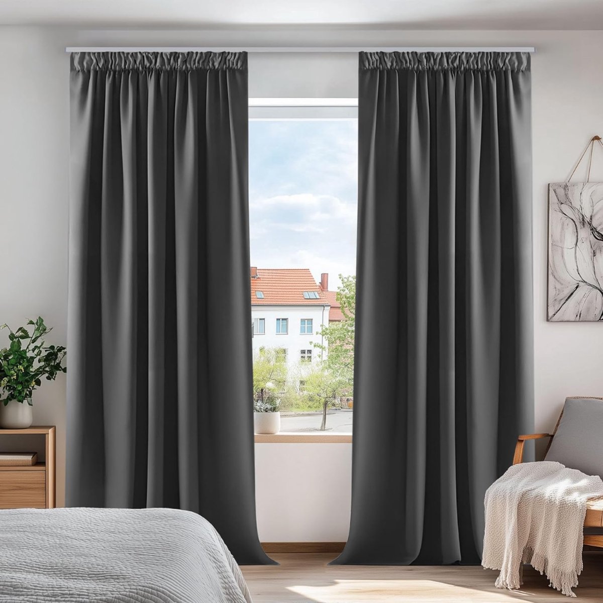 SNJY® Gordijnen Kant en Klaar met Haakjes - Vitrage Kant en Klaar met Haakjes - Gordijnen Verduisterend met Haakjes - 175 x 140 cm (H x B) - 2 Stuks - Donkergrijs