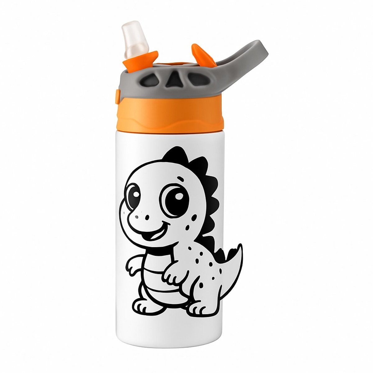 Stijlvolle Dino Cartoon Drinkfles – Minimalistische Drinkfles voor Kinderen en Dino Fans - Waterfles voor kinderen (wit/oranje)
